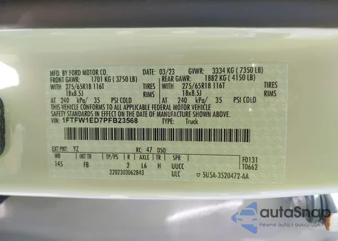 2023 Ford F-150 Xlt z USA, uszkodzony, nr VIN 1FTFW1ED7PFB23568